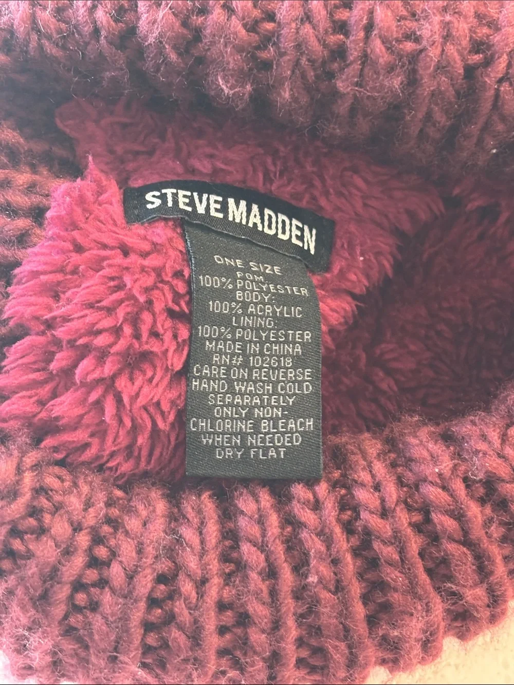 Steve Madden Wine Cable Knit Beanie with Black Pom